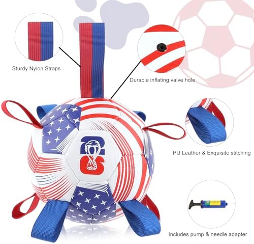 Dog Soccer Ball with Straps, 6 Inch Herding Dog Ball Toys World Cuo Dog Toy, Balls for 20-40lbs Dogs, Outdoor Puppy Toys to Keep Them Busy, Interactive Toy for Tug, Pool Water Toy Ball