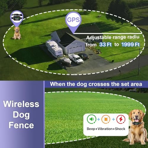 GPS Wireless Dog Fence System with Adjustable Range 33-1999 Yards, IPX7 Waterproof Rechargeable Collar, Static/Beep/Vibration Modes, Memory Function & Auto Protection