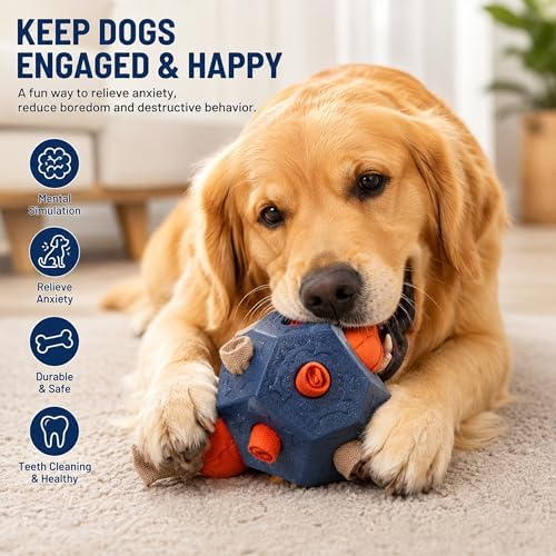 Dog Snuffle Ball - Upgrade Ball Interactive Puzzle Dog Toys, Foraging Truffle Pads Puppy Snack Dispenser Slow Feeder Suitable for Any Size Pet with Squeaky Carrot Toys (Blue)