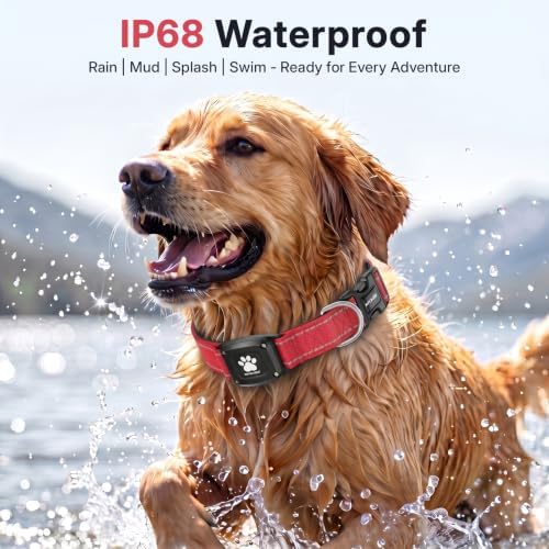 GPS Dog Collar with Tracker, Waterproof, No Monthly Fee, Red, XS | Works with Apple Find My, iOS Only, MFi Certified, No SIM Card, for Small Dogs, Reflective Padded Nylon, Neck 10.5-13.5 in