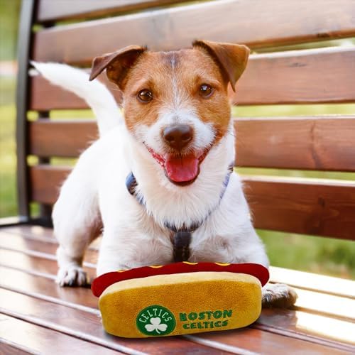 Pets First NBA Boston Celtics HOT Dog Plush Dog & CAT Squeak Toy - Cutest HOT-Dog Snack Plush Toy for Dogs & Cats with Inner Squeaker & Beautiful Basketball Team Name/Logo 8 x 5 x 3 Inches