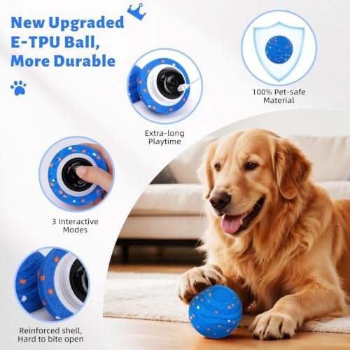 Smart Interactive Dog Toys Ball，Automatic Moving, Bouncing and Rotating,Pet-Safe & Durable E-TPU Material, IPX7 Waterproof, Active Rolling Ball for Puppy Medium Large Dogs, Long Battery Life (Blue)
