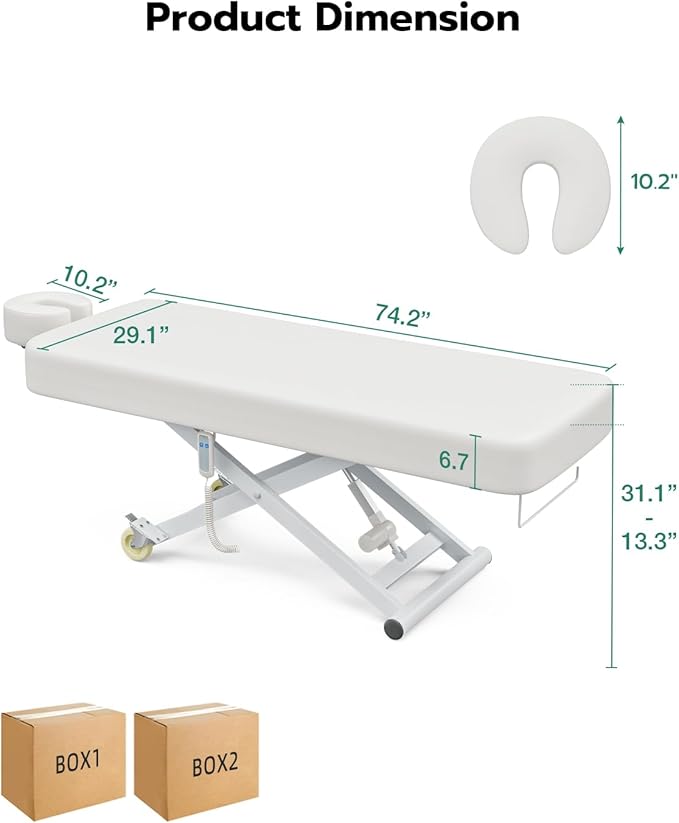 Paddie Flat Electric Lift Massage Table, Professional Spa Bed 6.7" Memory Foam with Adjustable Face Cradle and Rolling Wheels, White
