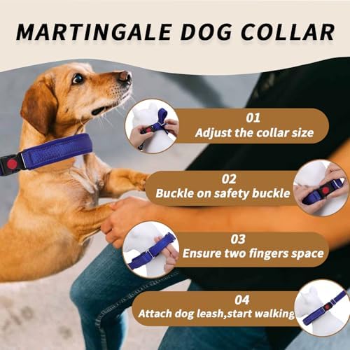 No Pull Martingale Dog Collar for Large Medium Small Dogs, Heavy Duty Nylon Reflective Adjustable Anti Pull Slip Collar with Buckle for Training Walking L Dark Blue