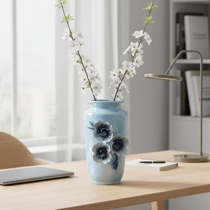 Blue Ceramic Vase 7 Inch - Small Decorative Vase with Floral Pattern, Ideal for Coastal & Modern Home Decor, Bathroom and Shelf Accent