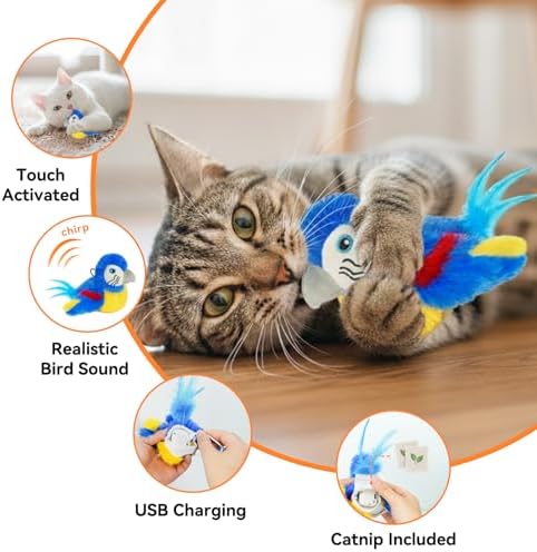 Cat Toys Flapping Bird(Cannot Fly), Electric Simulated Chirping Bird Interactive Kitten Toy with Flappy Wings, Rechargeable Touch Activated Toy with Catnip and Feather for Indoor Cats- Bule