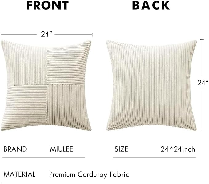 MIULEE Cream White Decorative Euro Sham Pillow Covers 24x24 Inch 2 Pack | Beige Neutral Boho Farmhouse Pillow Covers, Soft Cross Corduroy Patchwork Textured Cushion Cases For Couch Bed Sofa