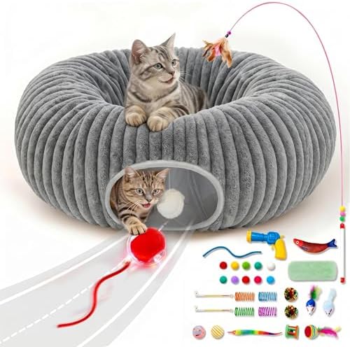 31 Pcs Interactive Cat Toys for Indoor Cats, Cat Tunnel with Moving Ball, Cat Toy Launcher, Catnip Toys, Chew Rope, Feather Wand, Springs and Balls for Indoor Kittens, Grey