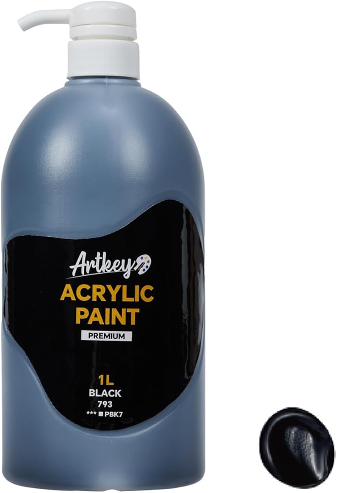 Black Acrylic Paint | 1L / 33.8 fl oz Pump Bottle with Handle Grip | Premium Artist Quality, High Coverage & Easy Dispense for Canvas, DIY Crafts & Murals