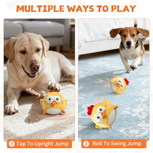 Interactive Dog Toy Ball, Upgrade Automatic 1.5H Jumping Ball with Motion Activation for Small Large Dogs, 2 in 1 Rechargeable Move Plush Toy Pets Keep Busy, No Music (Yellow Chicken)
