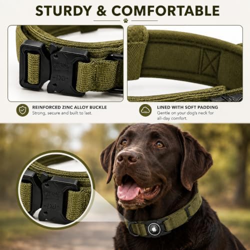 Heavy Duty Tactical Dog Collar with Tracker Pocket,Adjustable GPS Tracking Collar for Small, Medium & Large Dogs, Compatible with Compact Smart Trackers,Control Handle for Added Security