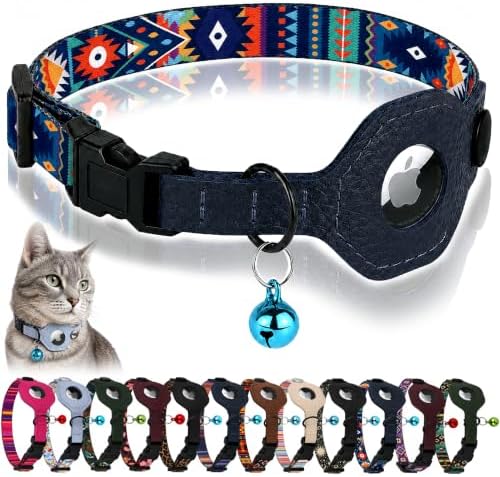Breakaway Cat Collar with Leather AirTag Holder & Bell - Apple Air Tag Cat Collars for Girls & Boys, Lightweight Anti-Lost GPS Tracker Design, Printed Pattern - Safety and Adjustable (Navajo)