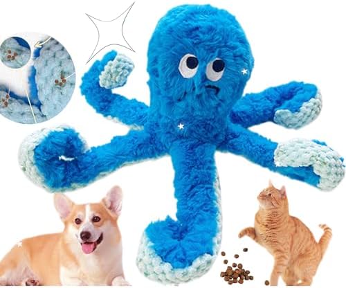 TRAVEYO Blue Octopus Dog Toys with Squeaker，Dog Treat Toys with Soft Rope Tentacles with Treat Hiding Pockets, 14.17 Inches