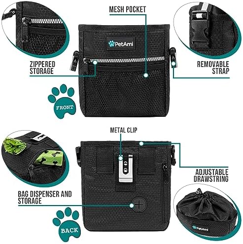 PetAmi Dog Treat Pouch, Pet Treat Pouch for Training, Dog Walking Bag Holder for Kibbles, Pet Food Toy, Dog Trainer Essentials Supplies, Poop Bag Dispenser, 3 Ways to Wear (Black)