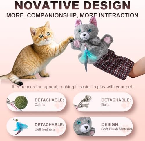 Cat Wrestling Glove with Bell & Catnip - Interactive Cats Puppet Wrestler Hand Puppet Toy for Safe Play, Exercise, and Family Bonding, Tough Padded Indoor Fun for Cats
