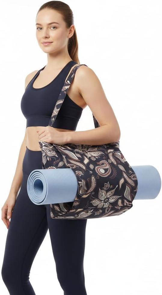 Floral Paisley Pattern Yoga Bag, Canvas Tote with Blue and Pink Design, Spacious Carrier for Yoga Mat and Accessories