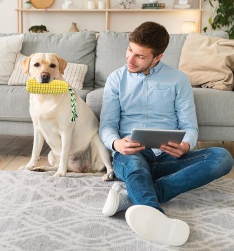 Corn Squeaky Rubber Dog Chew Toy with Dental Cleaning Grooves & Cotton Rope