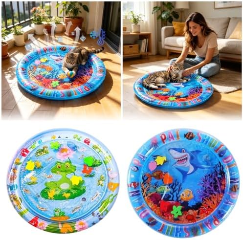 Aqua Cats Water Mat, 25.6 x 25.6 Inch Floating Fish Interactive Playmat, Thick PVC Dual-Use Cooling & Warming Pad, Anti-Scratch Leakproof Non-Slip Foldable Pet Mat (A)