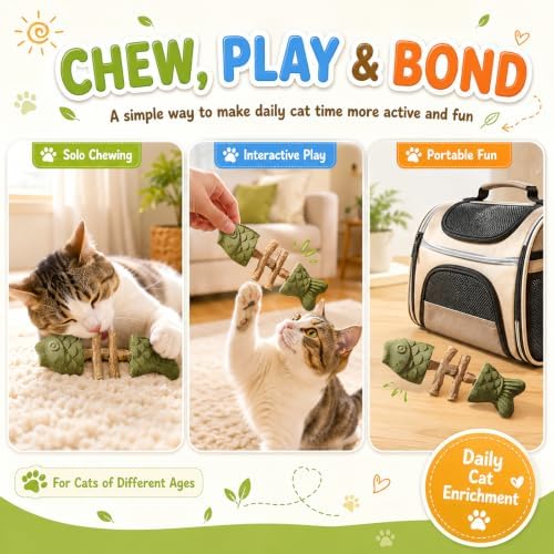 Silvervine Cat Toy Catnip Chew Stick for Indoor Kitten Teething Cleaning Dental Care Natural Comfort Adult Gatos Set to Play Alone Blend Fishing Aesthetic Fish Bone Shape