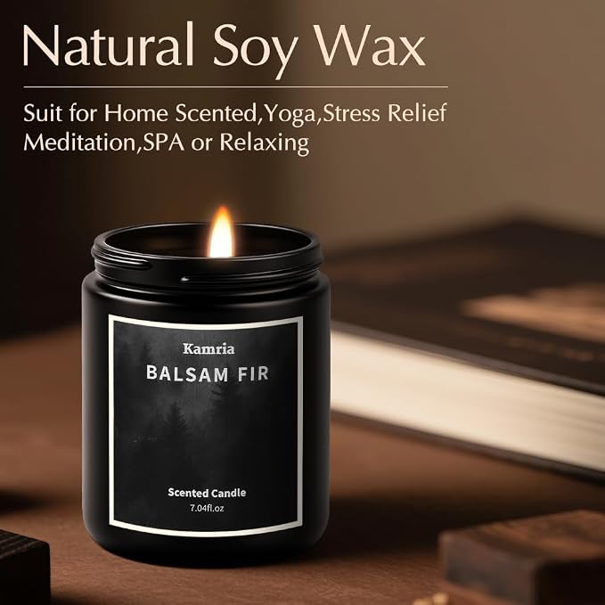 Balsam Fir Scented Candle, Fresh Pine & Evergreen Woodsy Aromatherapy in Black Jar, Natural Soy Wax for Home Decor, Crisp Winter Forest Scent for Men and Women, 7oz