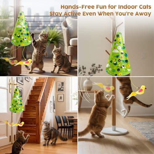Interactive Cat Toy for Indoor Cats: 2 in1 Automatic Hide and Seek Moving Concealed Flying Bird Wand Feather with Chirping Bird Squeaky, Hanging Rechargeable Exercise Cat Toy for Kittens and Adult Cat