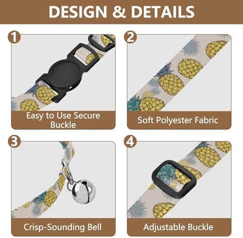 2 Pack Small Dog Collar Pineapple Leaves Beige Purple Collar with Bell for Dog Puppy, Adjustable 10.6 to 17.1 Inches