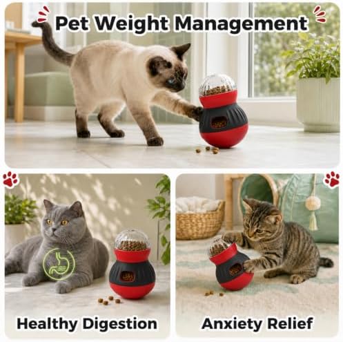 Interactive Cat Wobble Toy Treat Dispenser – Cat Puzzle Feeder & Slow Feeder Ball for Indoor Cats, Small Dog Enrichment Toy for Puppies (RED)