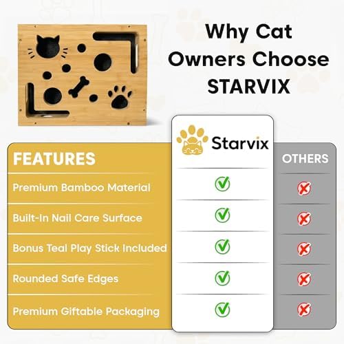 Bamboo Cat Scratch Puzzle Enrichment Box, Interactive Cat Nail File Box with Sandpaper, 3 Bell Balls & Teaser Wand, Durable Eco-Friendly Scratcher Toy for Indoor Cats, Stress-Free Nail Filing