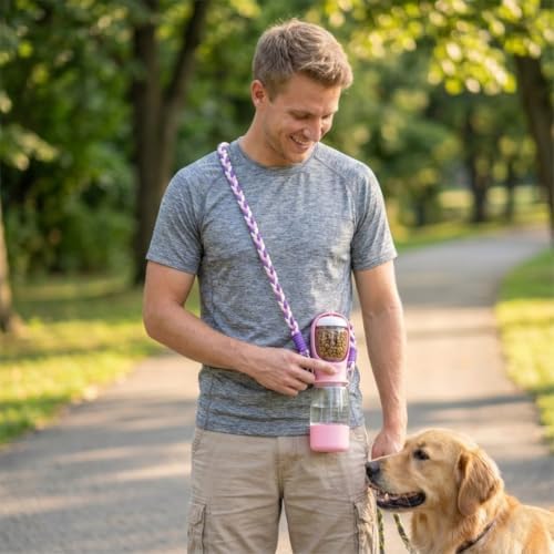 Dog Water Bottle with Food Container, Portable Dog Bowl, Travel Pet Pink