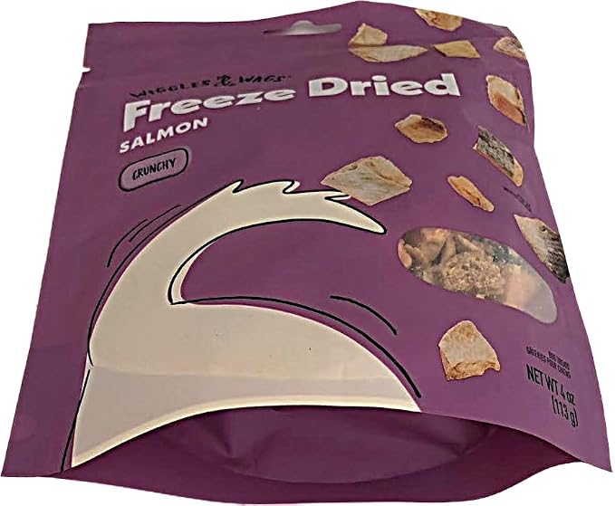 Wiggles & Wags Freeze Dried Salmon Crunchy Dog Treats. Plus Colors Vary Bone Shaped Dispenser & Dog Waste Roll. (1-4 oz) 113g Bag.