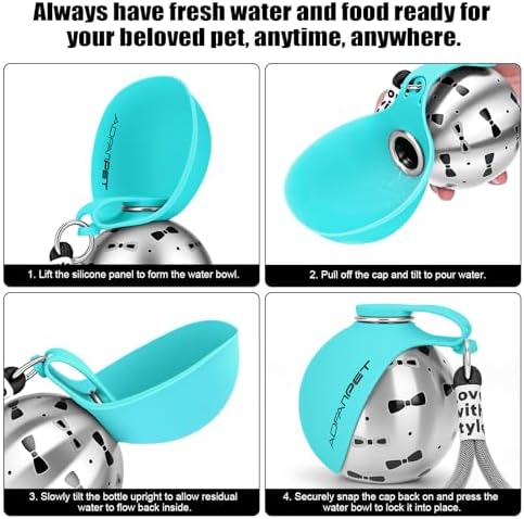 Portable Dog Water Bottle 10oz Stainless Steel Travel Dog Water Dispenser with Bowl No-Spill Puppy Water Bottle for Walking Hiking Small Dog Water Bottle (Blue Bow Print)