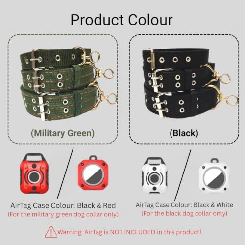 Tactical Heavy Duty Nylon Dog Collar for Large & Medium Dogs - Includes AirTag Compatible Case - Double-Lock Buckle & Reinforced D-Ring (Green, Medium: Width = 1.6"; Neck = 14" - 19")
