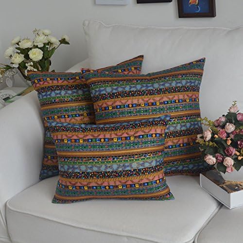 TAOSON Green Stripe Bohemian Style Antique Cotton Blend Linen Sofa Throw Pillowcase Cushion Cover Pillow Cover with Hidden Zipper Closure Only Cover No Insert 20x20 Inch 50x50cm