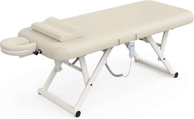 Adjustable Massage Table with Face Pillow & Headrest, Silent and Easy to Adjust for Treatment Table Physical Therapy Table Spa Facial Bed - Adjustable Backrest, Electric Leg Lifting, Beige Gray