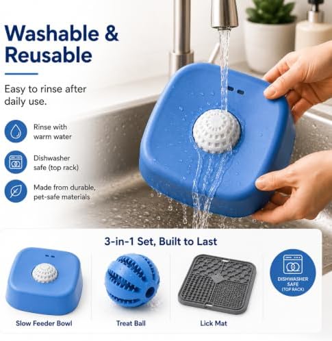 3-in-1 Dog Lick Mat & Slow Feeder Bundle with Treat Dispensing Ball, Interactive Feeding Bowl, Anxiety Relief Pet Feeding Toys, Washable Puzzle Feeding Set for Dogs