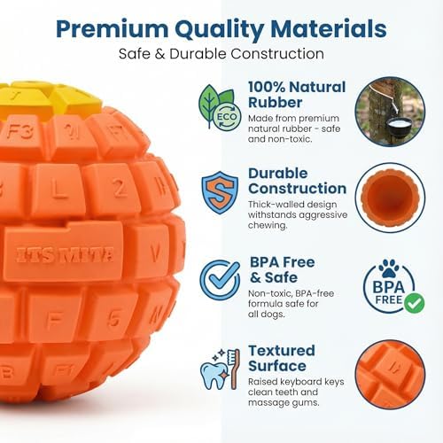 Squeaky Dog Toy Ball, Keyboard-Shaped Chew Toy for Teeth Cleaning, Durable Natural Rubber for Aggressive Chewers, Interactive Dog Toys for Medium & Large Dogs (Royal Blue, Large(3.5''))