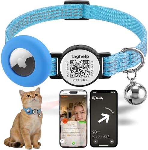 Reflective AirTag Cat Collar Breakaway, TAGHELP GPS Cat Collar with Apple Air Tag Holder, Cat Tracker Collars with Safety Elastic Band for Girl Boy Cats, Kittens and Puppies (Blue)