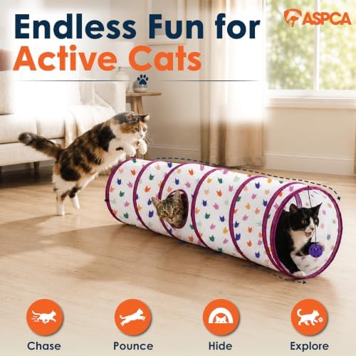 ASPCA Cat Tunnel with Rattle Toy, Interactive Collapsible Cat Tunnel for Indoor Cats, Crinkle Play Tunnel with Hanging Rattle Toy, for Hiding, Chasing, Pouncing & Active Play, Silhouette Printed