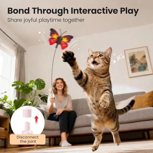 Potaroma Interactive Spinning Butterfly Cat Toy Wand, Rechargebale | Automatic Self-Play & Handheld Mode, Electric Touch Activated Cat Teaser with Suction Cup for Indoor Kittens