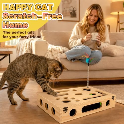 Cat Scratch Puzzle Enrichment Box, Interactive Cat Toy for 3 Balls & 2 Wand