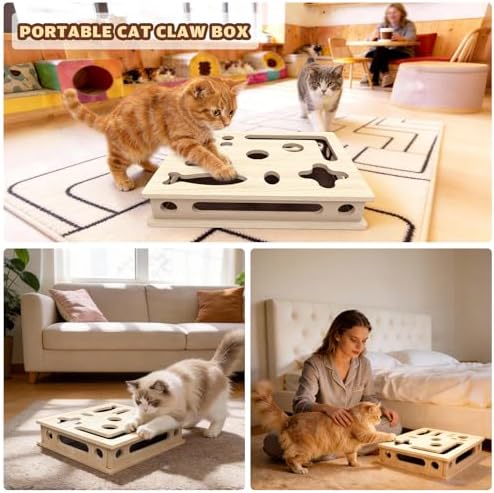 Cat Scratch Puzzle Enrichment Box, Large Solid Wood with Sandpaper Inside