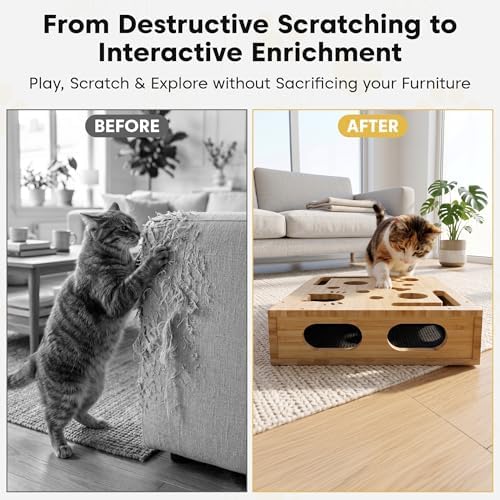 Bamboo Cat Scratch Puzzle Enrichment Box, Interactive Cat Nail File Box with Sandpaper, 3 Bell Balls & Teaser Wand, Durable Eco-Friendly Scratcher Toy for Indoor Cats, Stress-Free Nail Filing