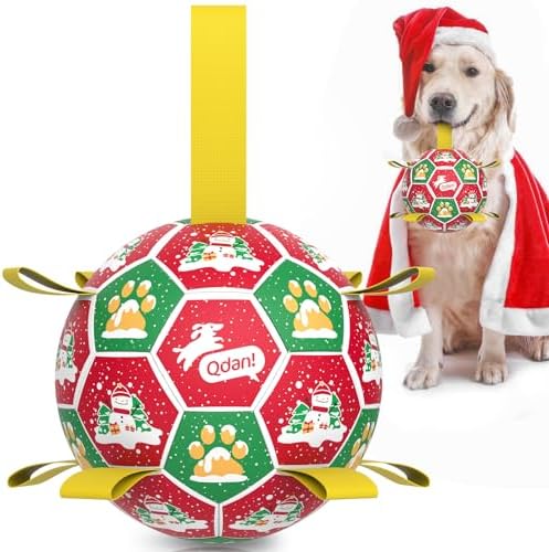 QDAN Christmas Dog Toys: Dog Soccer Ball with Straps for Outdoor Play, Tug of War, Puppy Gifts Durable 8-Inch Dog Balls for Medium Large Dogs