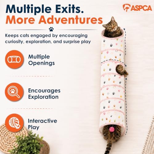 ASPCA Cat Tunnel with Rattle Toy – Interactive Collapsible Cat Tunnel for Indoor Cats, Crinkle Play Tunnel with Hanging Rattle Toy, Encourages Hiding, Chasing, Pouncing & Active Play, Paw Printed