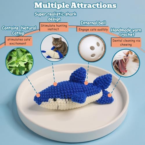 Catnip Fish Toy - Hand-Crocheted with Real Catnip & Bell, Interactive Kicker Toy for Cats Kitten, Soft & Safe for Biting