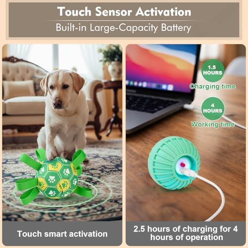Interactive Dog Toys Dog Soccer Ball to Keep Them Busy(Green) | Durable Automatic Moving Jumping Dog Balls with Straps for Small/Medium/Large Dogs,Rechargeable,Not for Aggressive Chewers