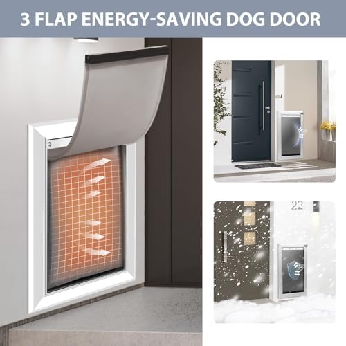 [Petoasis] 3-Flaps Heavy-Duty Dog Door for Wall,Rustproof Aluminum Frame | Energy-Efficient,Thick Flaps Block Wind Snow Rain Intrusion in Extreme Weather (Silvery White, Large for Wall)