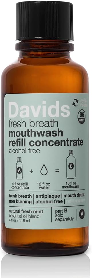 Davids Fresh Breath Mouthwash Kit, Non-Burning, Alcohol-Free, Fluoride-Free, Sulfate-Free, Gum and Mouth Detox, Antiplaque, Relieves Dry Mouth (4oz Concentrate)