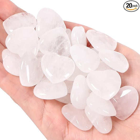 20 PCS Clear Crystal Heart Healing Crystals Cute Polished Crystal Mini Pocket Stones Natural Palm Love Gemstones Set Bulk Wholesale Reiki Energy Balancing Meditation Valentine's Day Gift