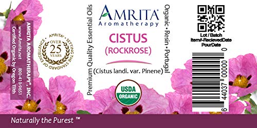 Amrita Aromatherapy Organic Cistus Rockrose Essential Oil, 100% Pure Undiluted Cistis Landi, VAR. pinene, Therapeutic Grade, Premium Quality Aromatherapy Oil, Tested & Verified, 60ML